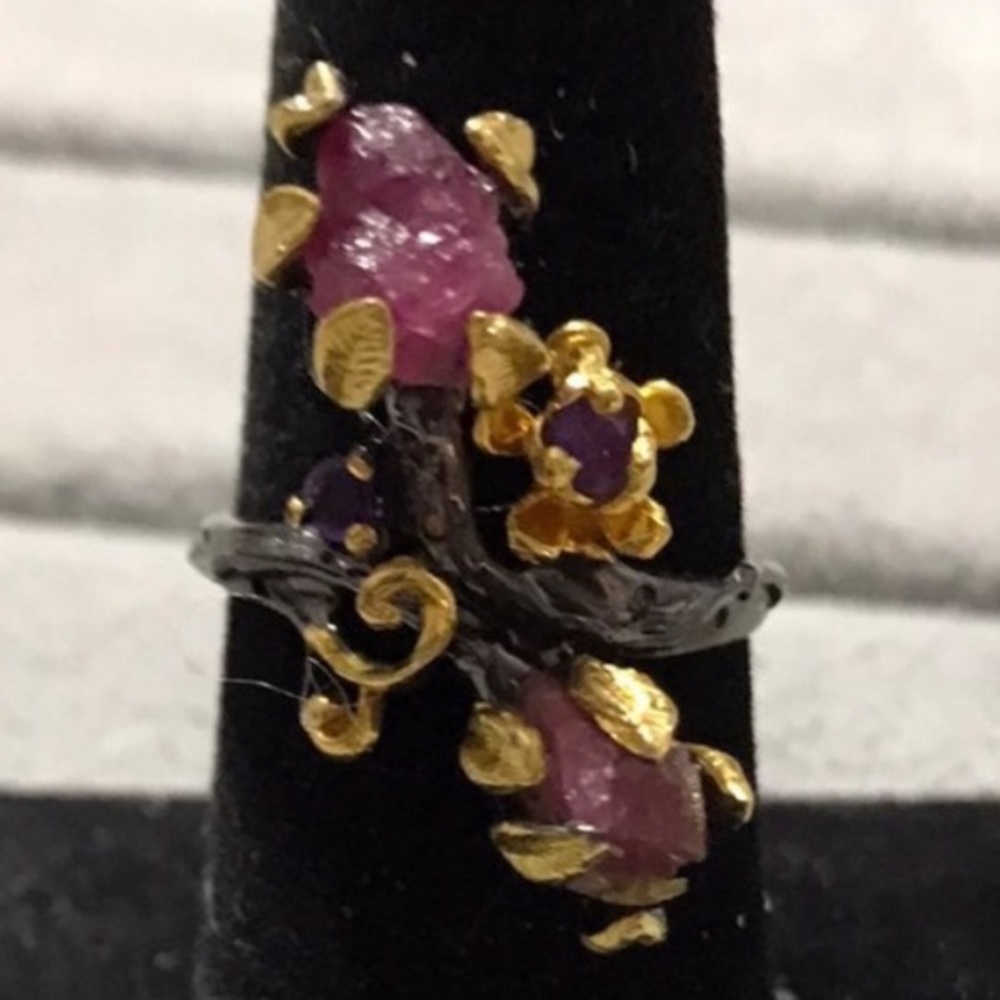New OOAK Sterling Silver Rhodium Plated Pink Ruby Floral Leaf Ring Size 7.75